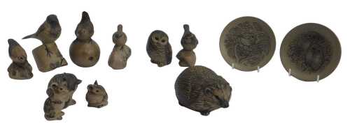 A group of Poole pottery animal figures, to include a hedgehog, 8cm high, various birds, trinket...