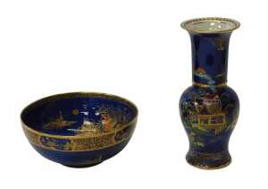 A Carltonware Mikado pattern blue chinoiserie baluster vase, and a bowl with matching Mikado...