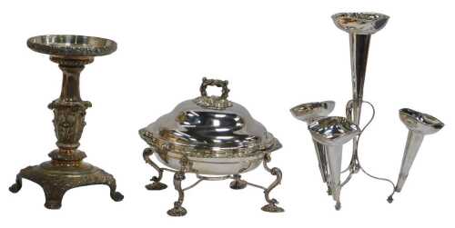A group of Victorian silver plated wares, comprising an epergne, with central trumpet vase,...