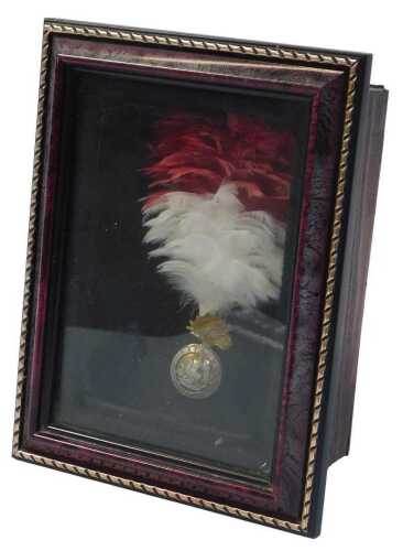A Royal Regiment of Fusiliers cap badge & feather hackle, with a red and white ploom, cased,...