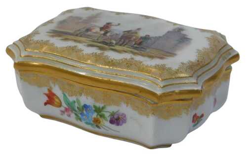A 20thC Meissen porcelain match box and cover, of serpentine form, the lid painted with two...