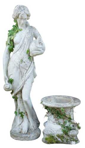 A part painted concrete garden statue, modelled as a classical female water carrier, raised on a...