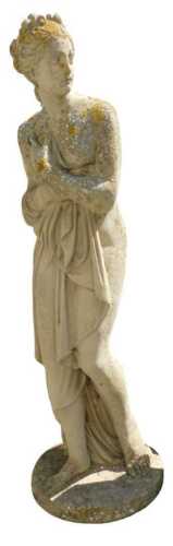 A composition stone garden statue, modelled as a scantily clad classical female, on a circular...