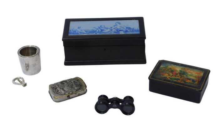 A Victorian wooden jewellery box, with blue ceramic tile with classical figures, a Russian...