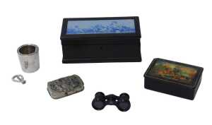 A Victorian wooden jewellery box, with blue ceramic tile with classical figures, a Russian...