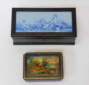 A Victorian wooden jewellery box, with blue ceramic tile with classical figures, a Russian... - 2