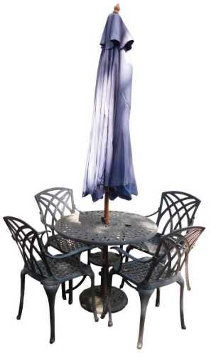 A black painted aluminium garden set, comprising a pierced circular topped table, 75cm high, and...