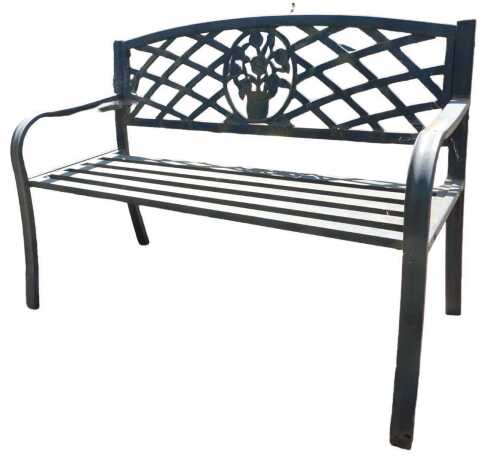 A black painted aluminium garden bench, the lattice work back inset with a rose tree display,...