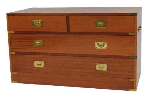 A late 20thC teak campaign style chest, with a hinged lid, fronted by two short and two...