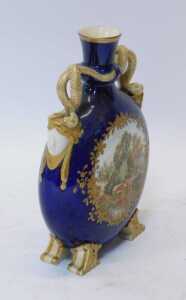 A 19thC Coalport style porcelain moon flask vase, with serpentine handles and mask heads, and a... - 3