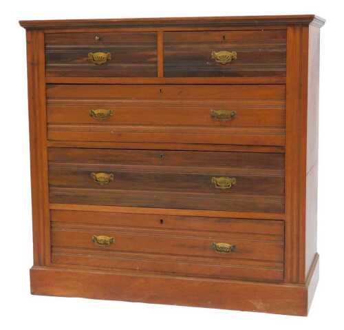 A Victorian walnut chest, of two short over three long drawers, raised on a plinth base, 100cm...
