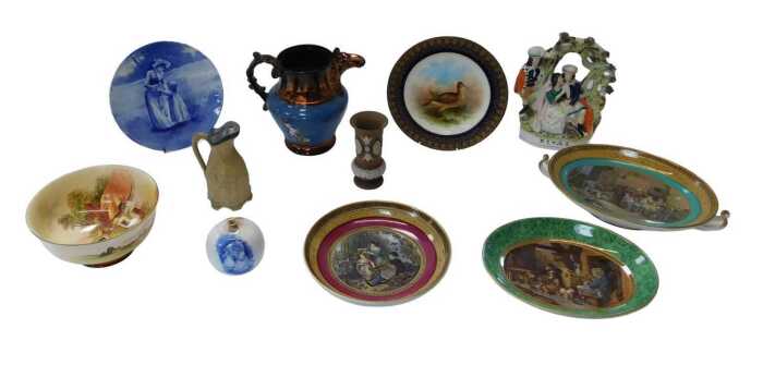 A group of British ceramics, including three Prattware style dishes, one entitled The Blind...