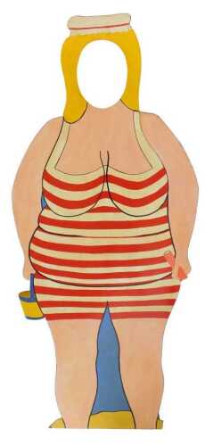 A mid-century seaside end of the pier photo prop, modelled as a voluptuous lady in a bathing...
