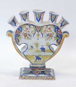 A pair of Delft blue and white transfer printed ewers, decorated with scenes of shipping and... - 4