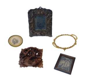A late 19thC silver plated framed table mirror, with figures of cherubs in relief, easel back,...