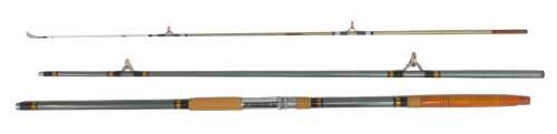 A 1960s three-piece fibreglass boat fishing rod, with porcelain ring liners, and with original...