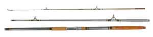 A 1960s three-piece fibreglass boat fishing rod, with porcelain ring liners, and with original...