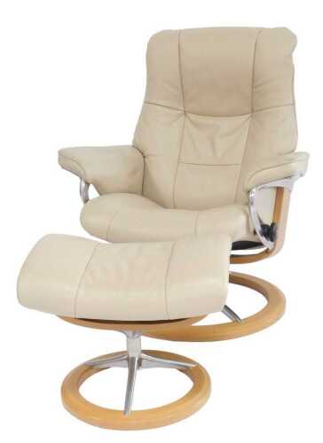 An Ekorn's Stressless cream leather armchair and stool (AF), 83cm wide.