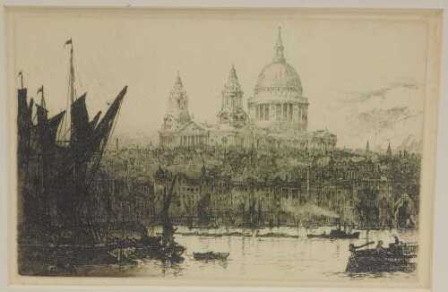 Ernest Llewellyn Hampshire (1882-1994). St Paul's Cathedral from the Thames, etching, signed and...
