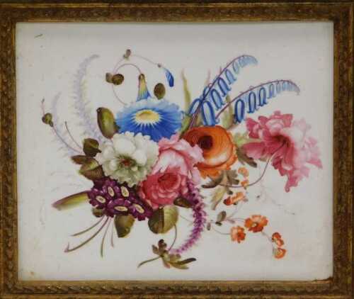 An early 19thC porcelain plaque, possibly Coalport, painted with a spray of flowers, gilt framed,...