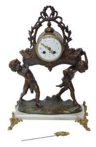 An early 20thC French figural mantel clock, with two latter day cherubs supporting a basket, the...