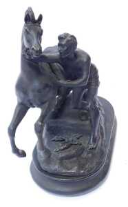 Two spelter Marley horses, raised on ebonised oval bases, on compressed bun feet, 39cm high, and... - 4