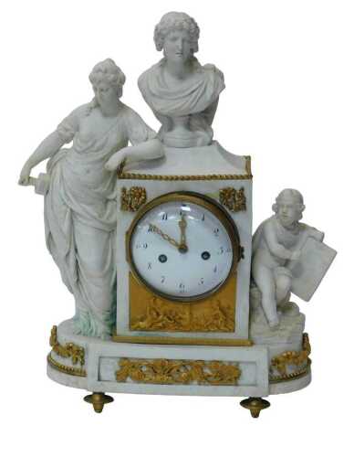 A late 19thC French figural bisque porcelain mantel clock, with porcelain case of classical...