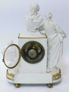 A late 19thC French figural bisque porcelain mantel clock, with porcelain case of classical... - 3