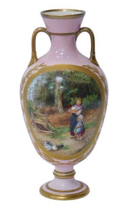 A Victorian Davenport two-handled baluster vase, with hand painted decoration in reserves of...