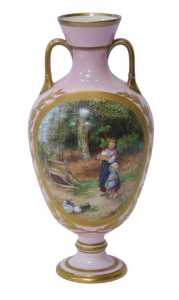 A Victorian Davenport two-handled baluster vase, with hand painted decoration in reserves of...