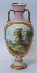 A Victorian Davenport two-handled baluster vase, with hand painted decoration in reserves of... - 2