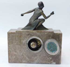 An Art Deco multi-tonal marble mantel clock, the square silvered face bearing Arabic numerals... - 3
