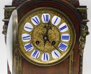 A late 19thC French mahogany cased mantel clock, the circular brass dial with raised white and... - 2