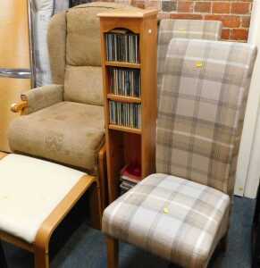 Furniture, comprising an ETS armchair, upholstered in beige patterned fabric, a stool, with a...