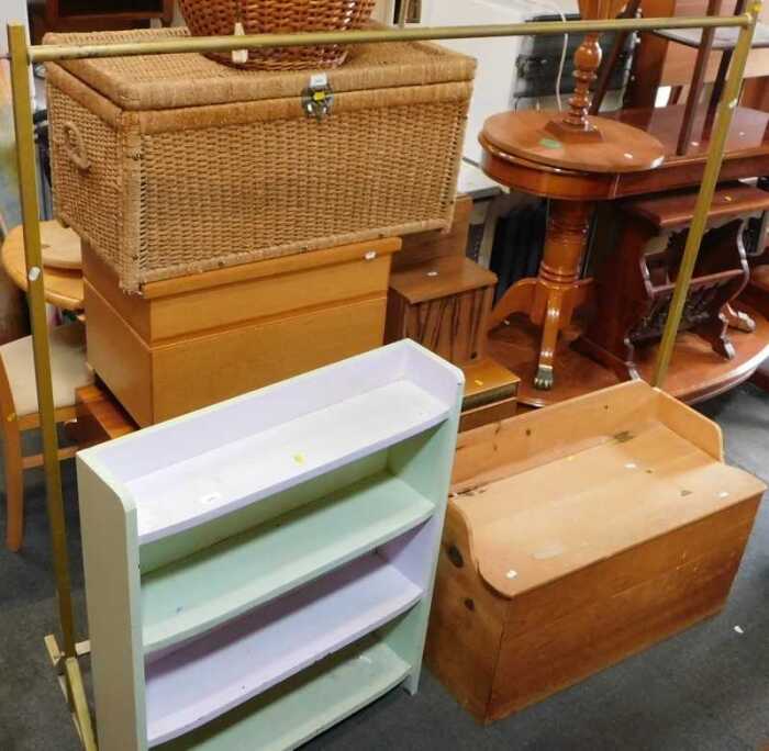 Furniture, comprising a four-shelf open bookcase, painted in green and lavender, a lift-lid...