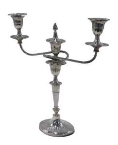 An Elizabeth II three branch candelabrum, with one flame finial, triple urn dish holders,...