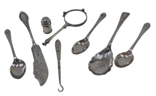 Various silver and associated items, miniature pepper pot, preserve spoon, butter knife,...