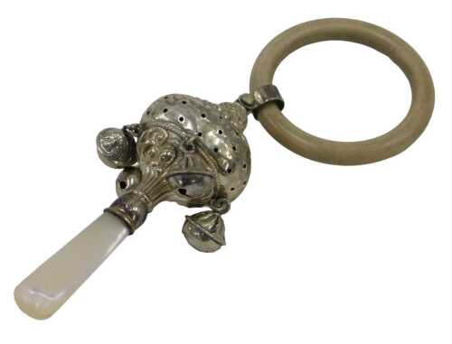 A George V part silver and mother-of-pearl teething rattle, with compressed oval part pierced...
