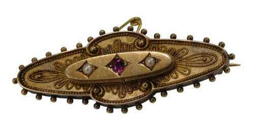 A 15ct gold bar brooch, with filigree and ball decoration, the central panel set with garnet and...