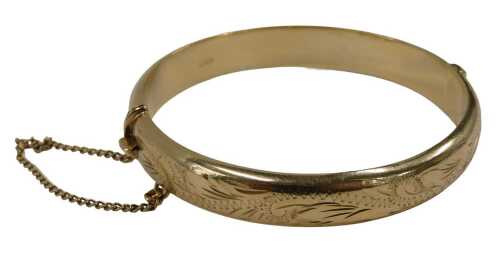 A 9ct gold half hinged bangle, with part etched design, and safety chain, maker EJD, 5.5cm wide,...