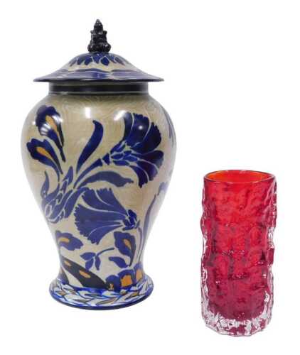 A Whitefriars style Geoffery Baxter design bark vase, in red and white, 15cm high, and a Cauldon...