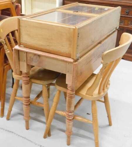 Various furniture, beech dining chairs with comb tops, drop leaf pine table, and a pine hanging...
