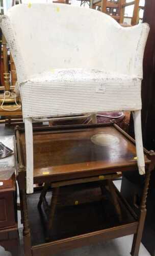 Various furniture, Lloyd Loom style tub chair, dinner wagon, and a rustic elm stool.