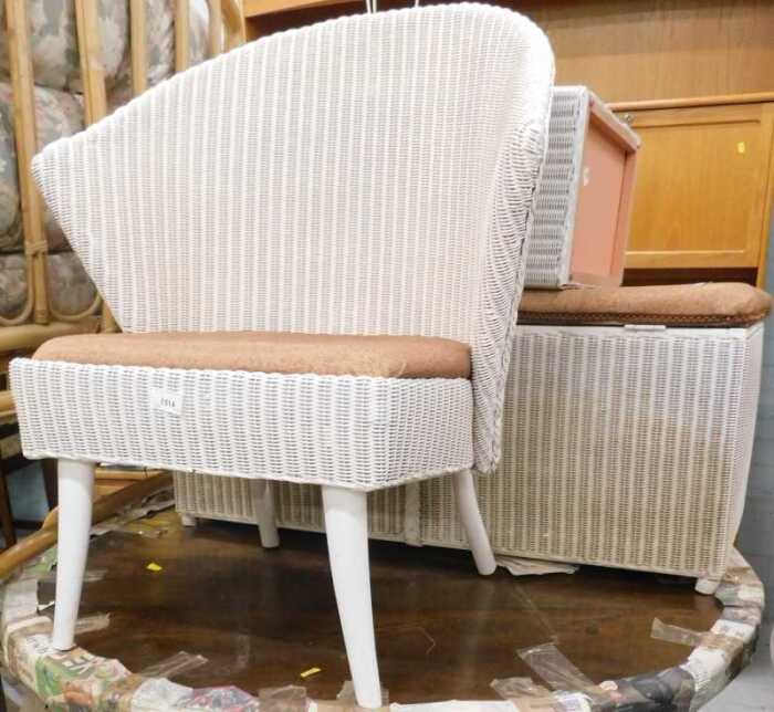 Various Lloyd Loom furniture, blanket box, chair painted cream, etc.