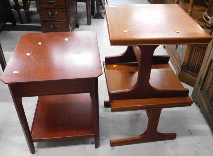 A nest of two teak G-Plan style tables, and a further side table with canted corners.