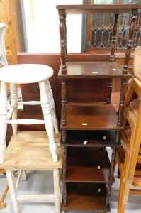 A 19thC elm stool, painted cream, with triple ring turned legs, pine topped side table, a pair...