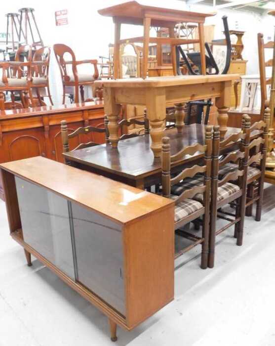 Various furniture and effects, a pine oblong top coffee table, stained pine rectangular table...
