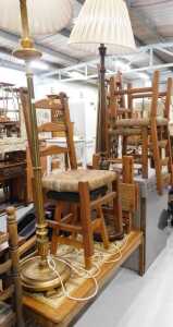Various furniture, gilt coloured standard lamp with cream and yellow shade, and reeded stem, on...