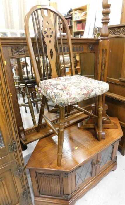 Various oak Old Charm style and other furniture, a standard lamp, hoop back chair, overmantel...