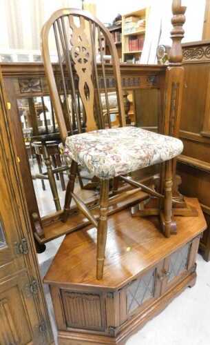 Various oak Old Charm style and other furniture, a standard lamp, hoop back chair, overmantel...
